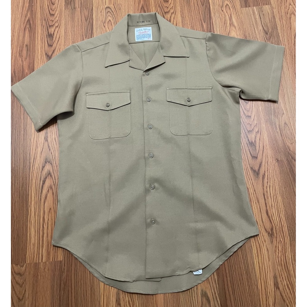 US Navy Official Uniform Shirt Mens 15 15.5 Creighton Military Khaki Short Sleev